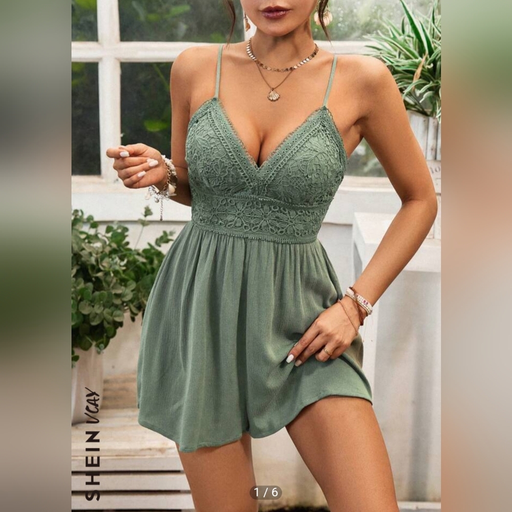 SHEIN VCAY Romper Crochet Contrast Lace Cami Green Medium NWT Tie Back Keyhole